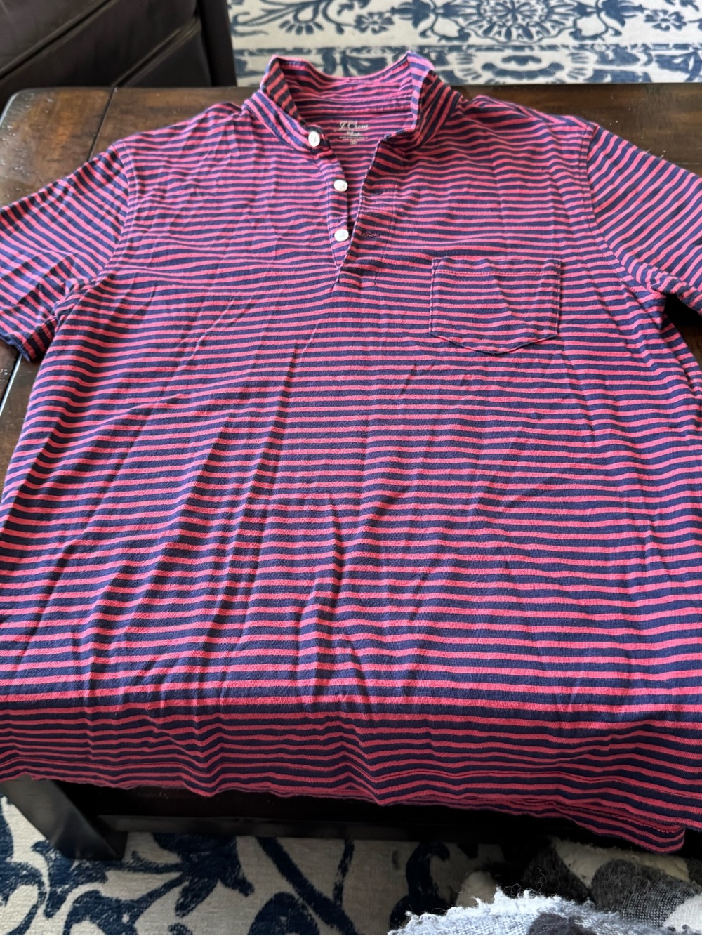 J. Crew Men's Short-Sleeve Henley Stripe Shirt in Pink and Navy